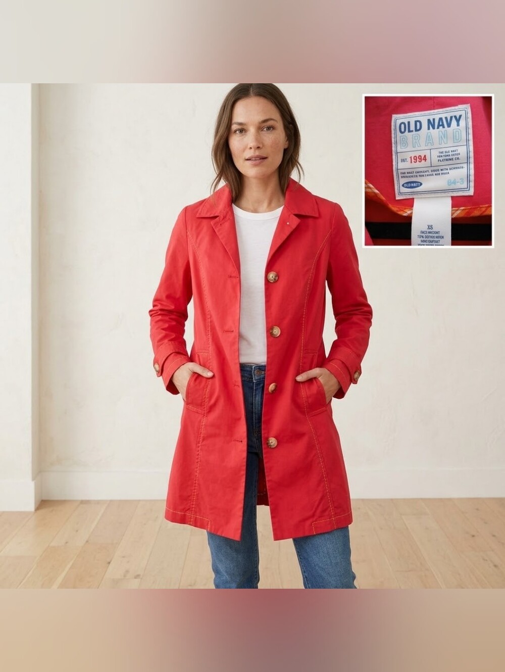 Vintage Old Navy Y2K Coral-Red Cotton Trench Coat Jacket Size XS
